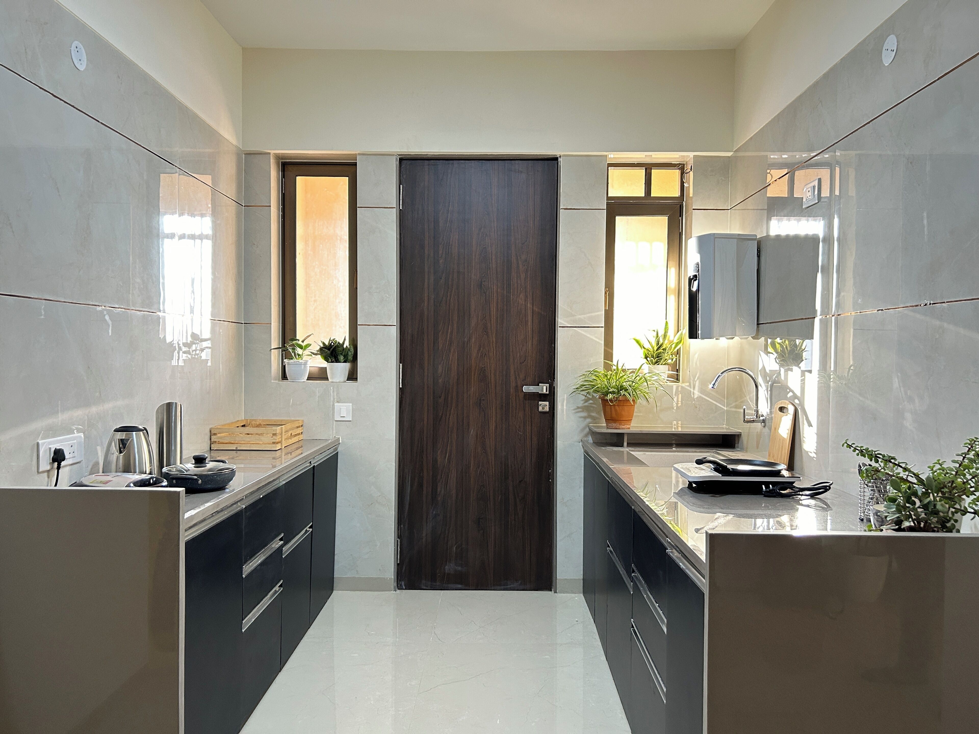 Fridge, electric kettle, toaster, cookware/dishes/utensils