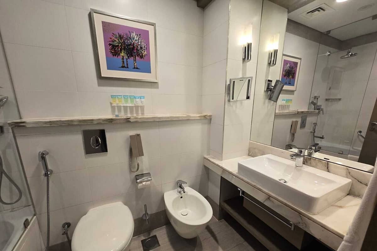 Une salle de bain moderne avec des toilettes, un bidet et un lavabo. On y trouve un miroir, une étagère avec des articles de toilette et un tableau encadré au mur.