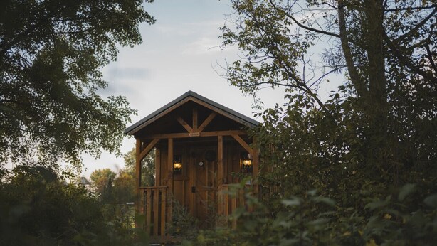 Une cabane en bois dotée d’un porche, entourée d’une végétation luxuriante.