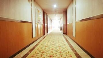 A hotel corridor with wooden paneling, a patterned carpet, and doors on both sides.