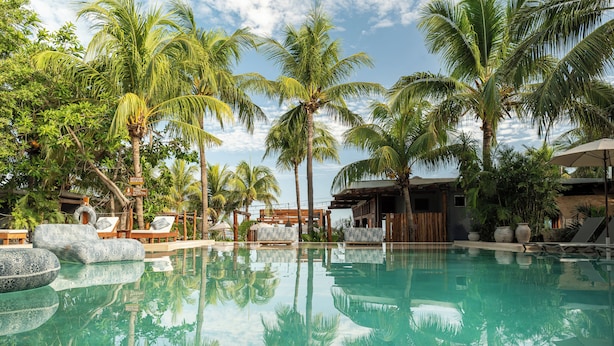 A clear swimming pool surrounded by lounge chairs and palm trees. - Hotel Villas Caracol (Isla Holbox)