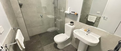 A modern bathroom with a glass-enclosed shower, a toilet, a sink, and a mirror.