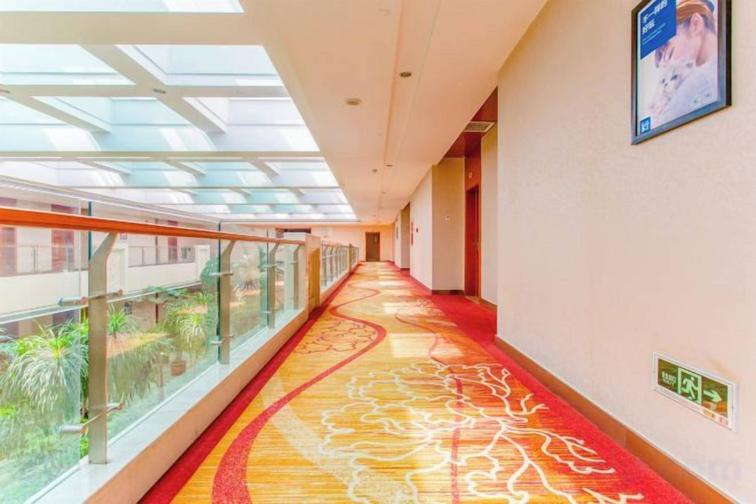 Un pasillo con barandilla de vidrio, alfombra estampada y vistas al exterior.