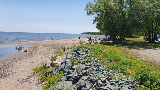 Ein Strand mit felsigem Ufer, Sandfläche und einer Rasenfläche mit Bäumen.