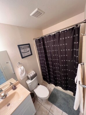 Hair dryer, towels, soap, toilet paper