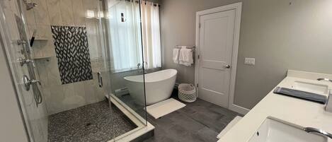 Hair dryer, towels, soap, shampoo