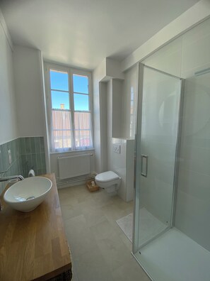 Shower, jetted bath, hair dryer, soap