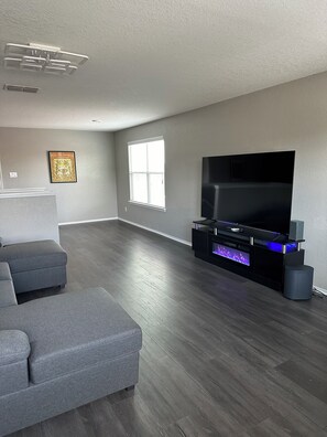 Smart TV, fireplace, DVD player, books