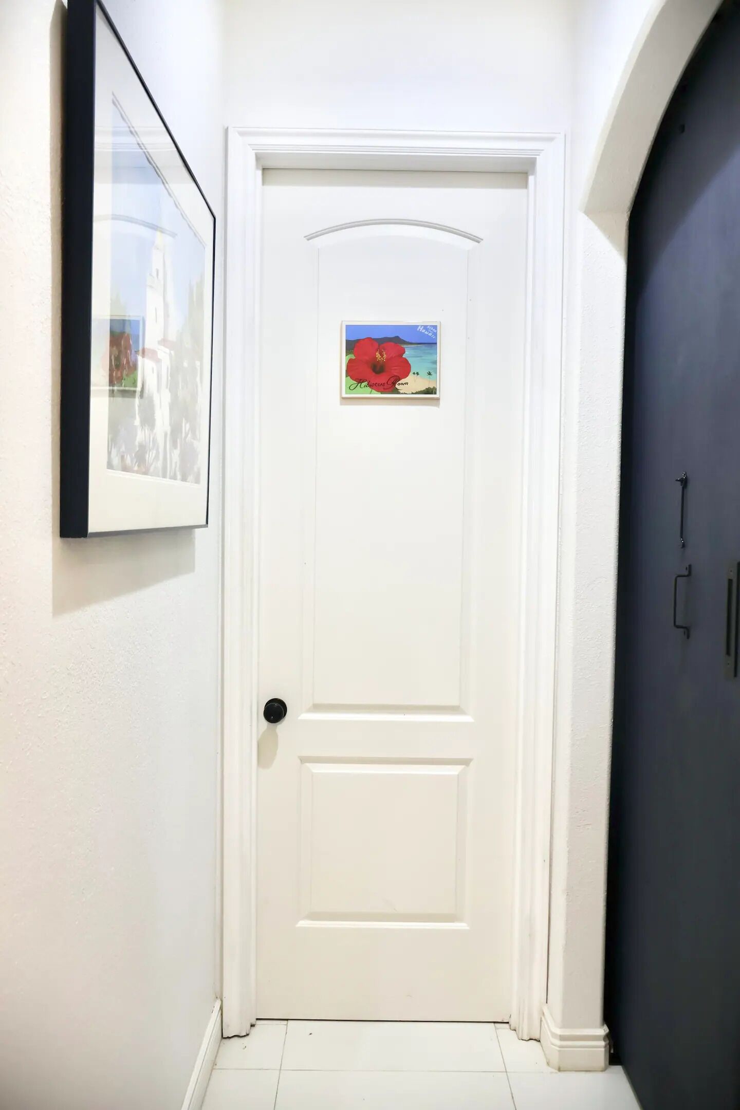 A white door with a small picture of a red flower and a blue sky.