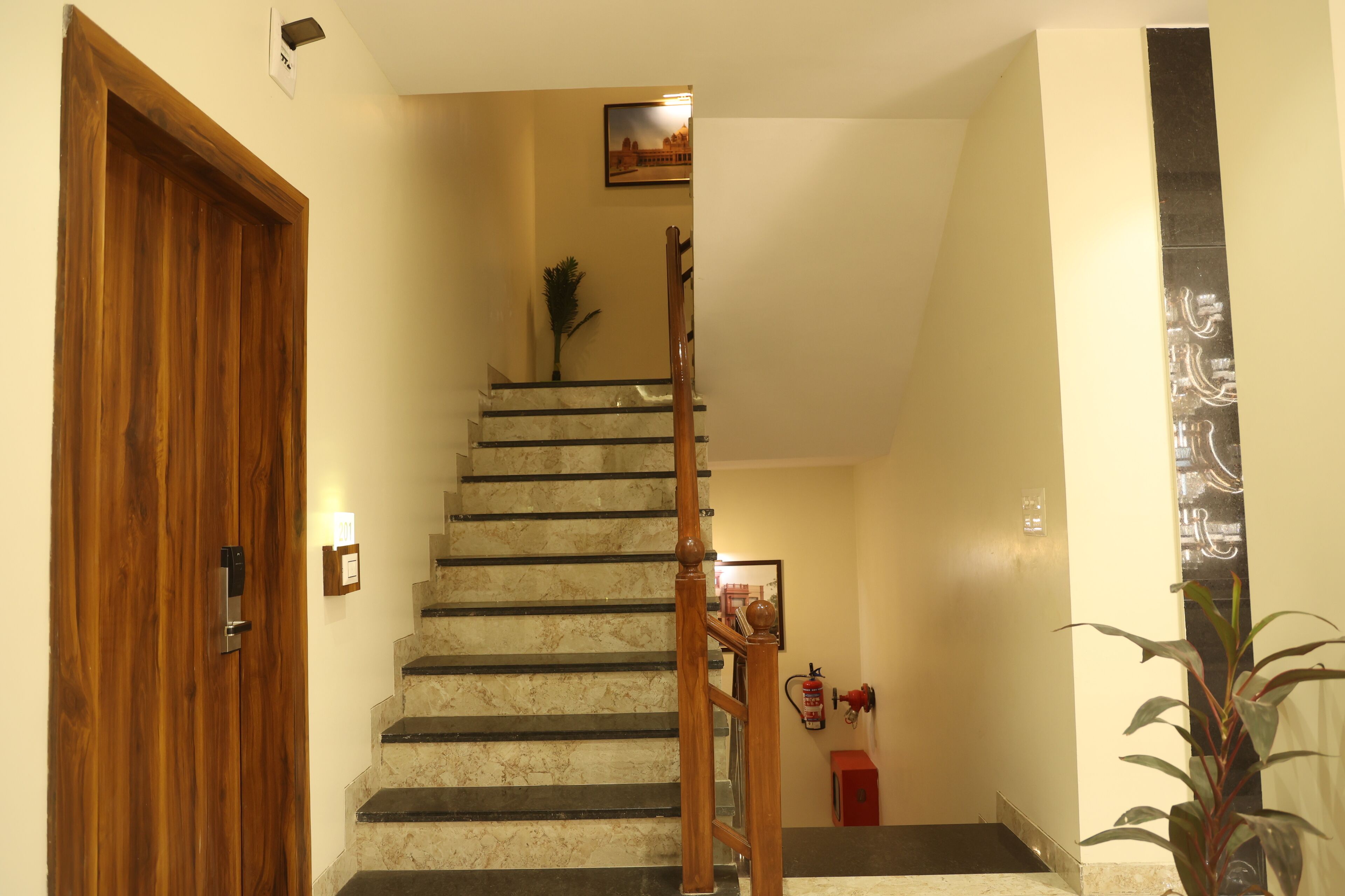 Eine Holztür, eine Marmortreppe, eine kleine Pflanze und ein Feuerlöscher.