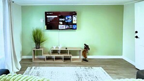 A living room with a flat-screen TV mounted on the wall, a wooden entertainment unit, a potted plant, and a small sculpture. - Charming & Bright Gem: Awesome Location/AC/Laundry (Renton)