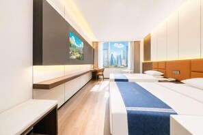 A hotel room with a city view, a desk, two beds, and a large window. - Boerman Hotel (Chengdu Conference and Exhibition Center) (Chengdu)