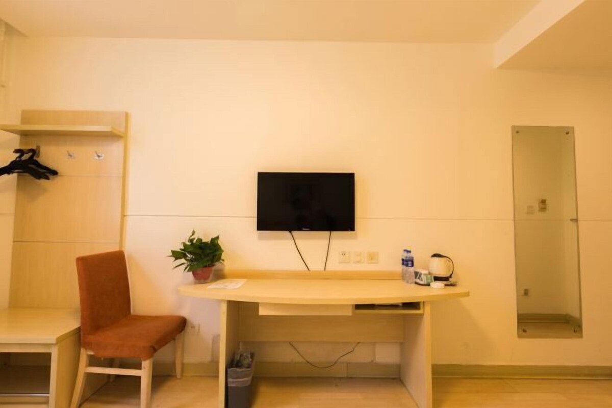 A room with a desk, chair, television, potted plant, and a mirror.