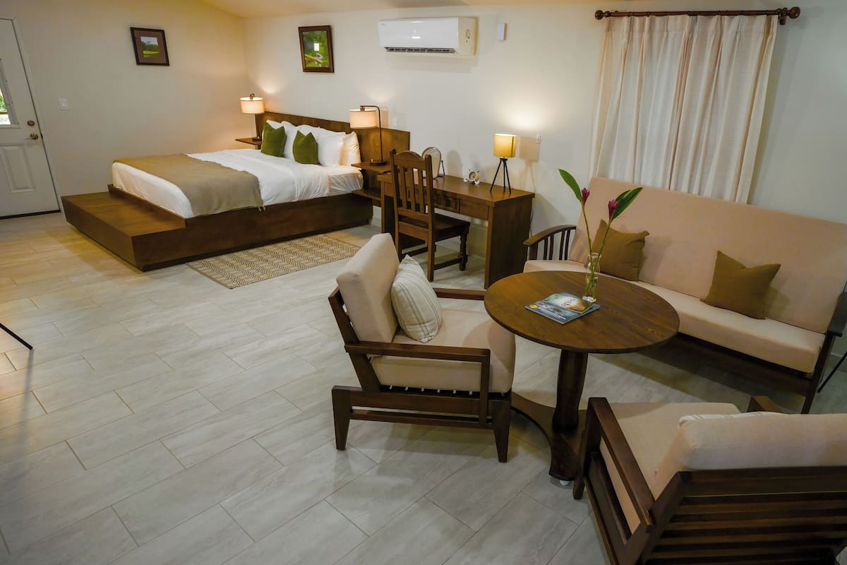 A hotel room with a bed, sofa, armchair, coffee table, and a small dining table.