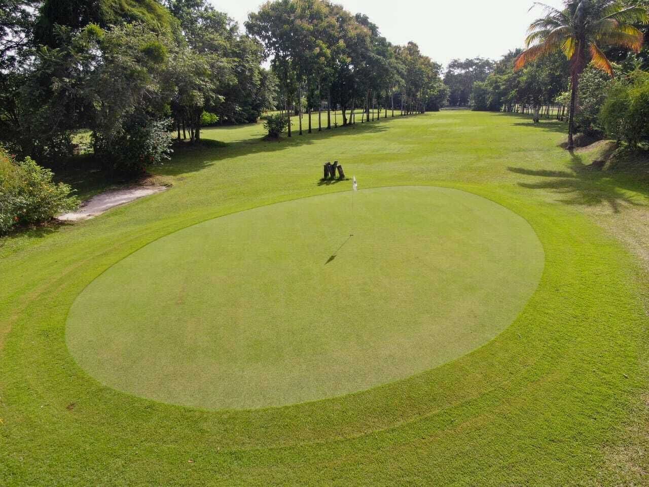 A golf course with a well-maintained green, a putting green, and trees lining the perimeter.