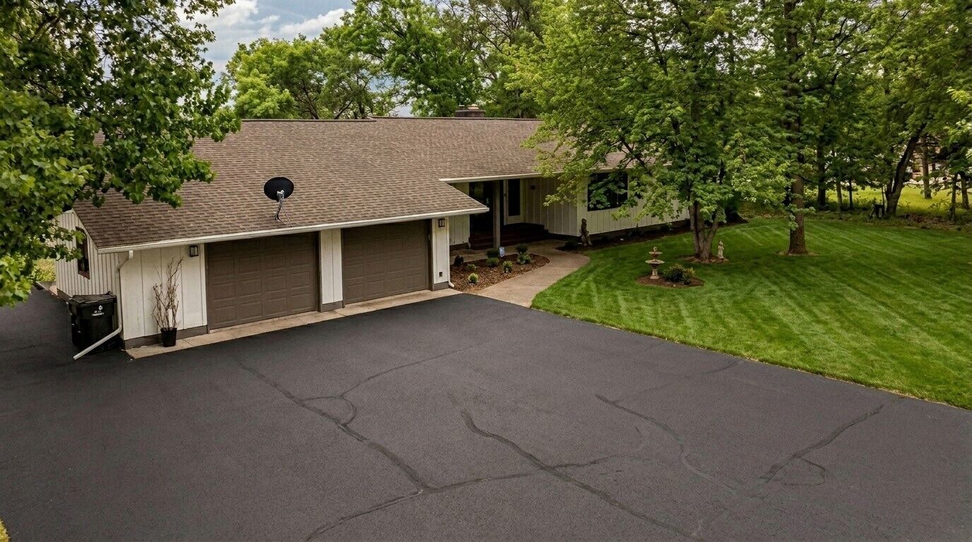 Une maison d’habitation avec une allée, un garage et une pelouse.