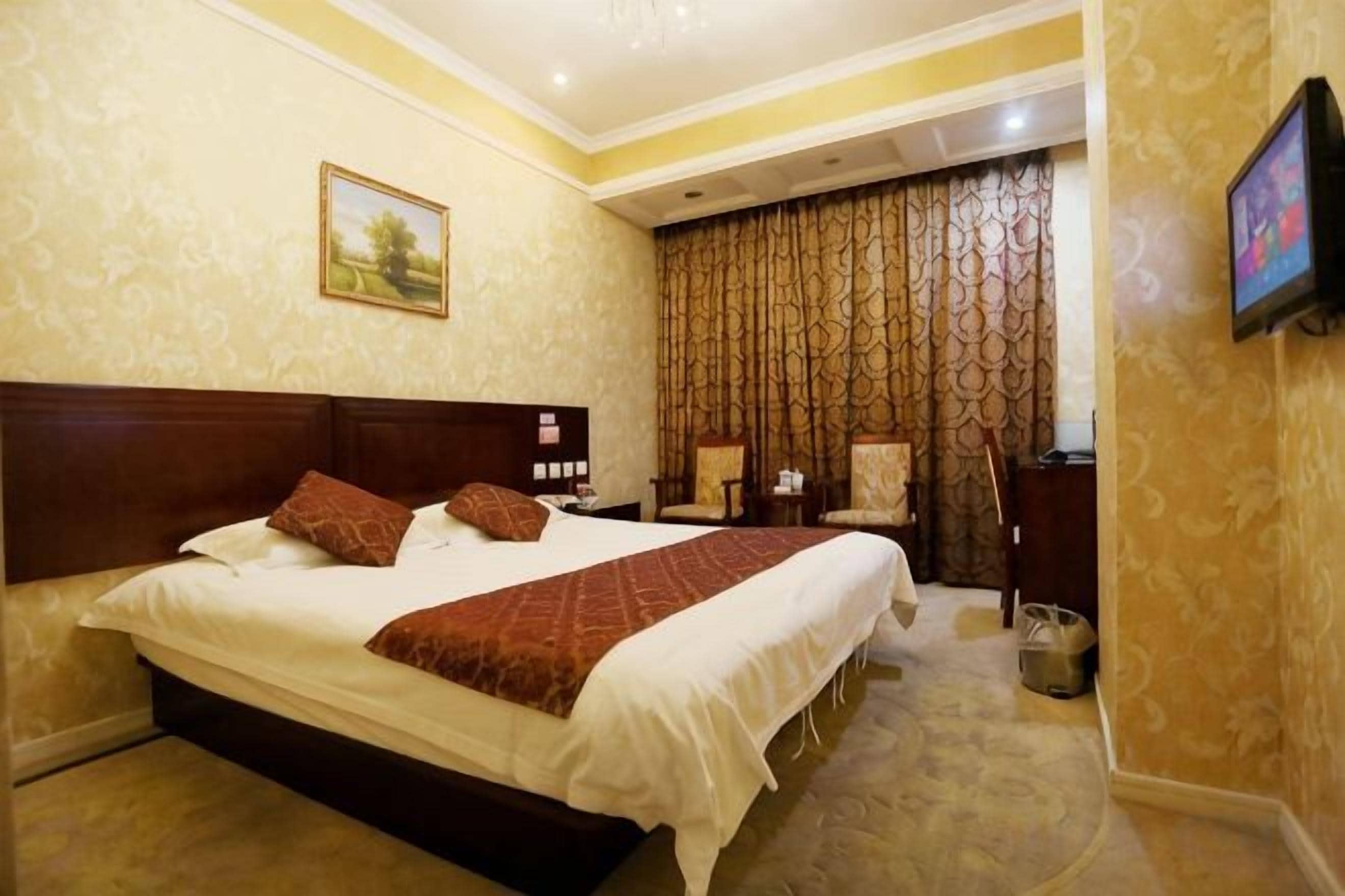 A hotel room with a large bed, a bedside table, a chair, a TV, and a curtain with a patterned design.