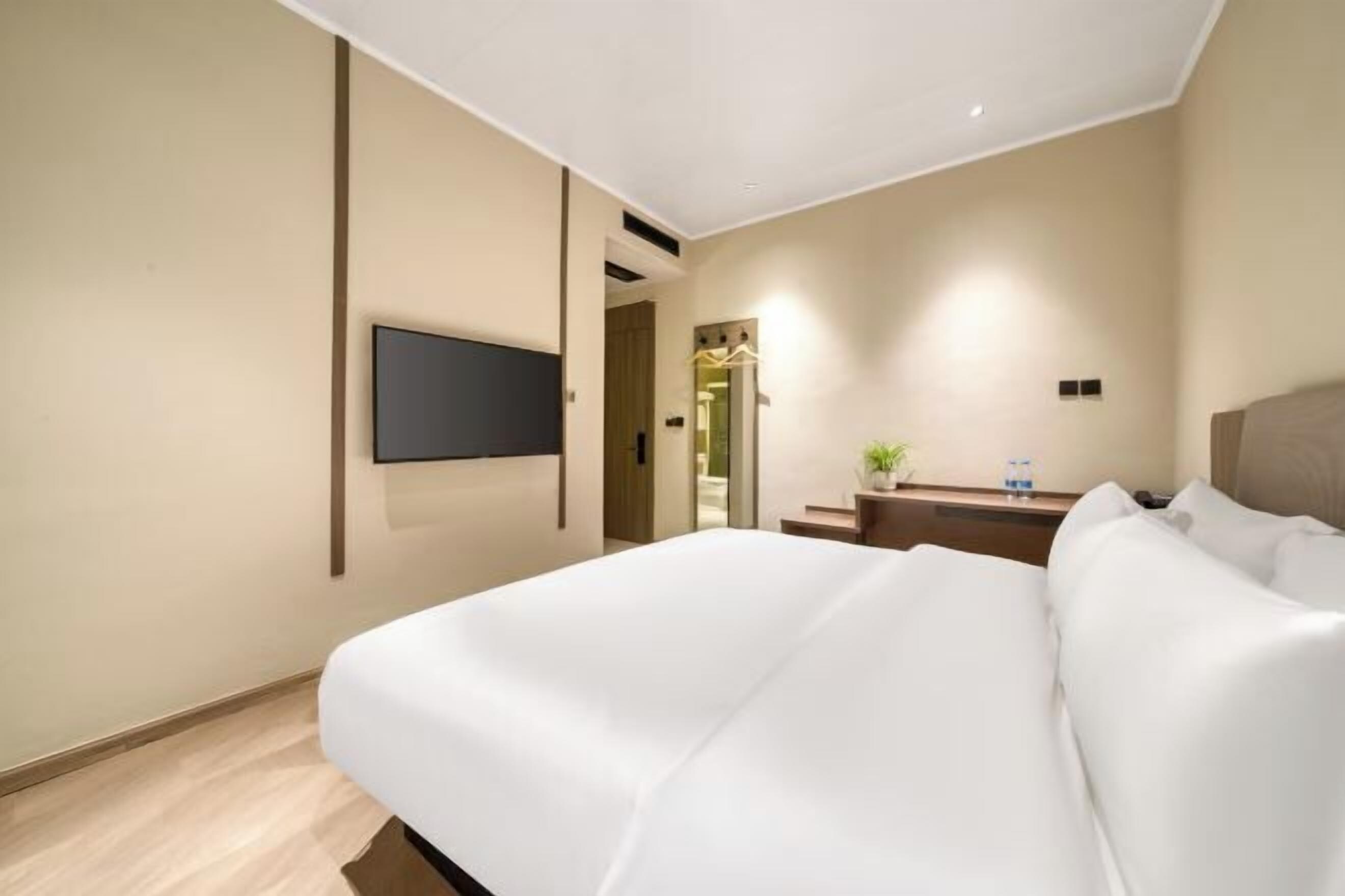 Habitación de hotel con cama, televisor montado en la pared, un pequeño escritorio con una planta y un espejo.