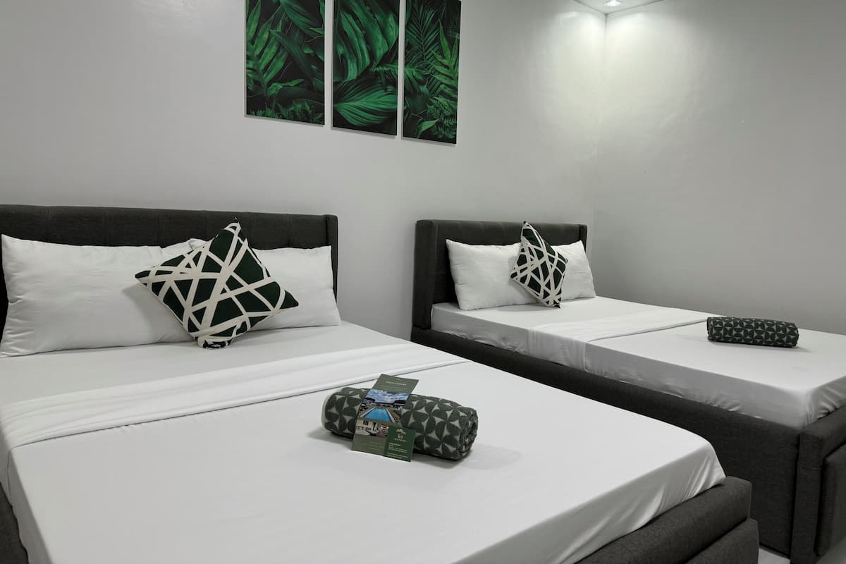 Two single beds with white linens and geometric-patterned pillows, a small green patterned bag, and a pillow with a house design.