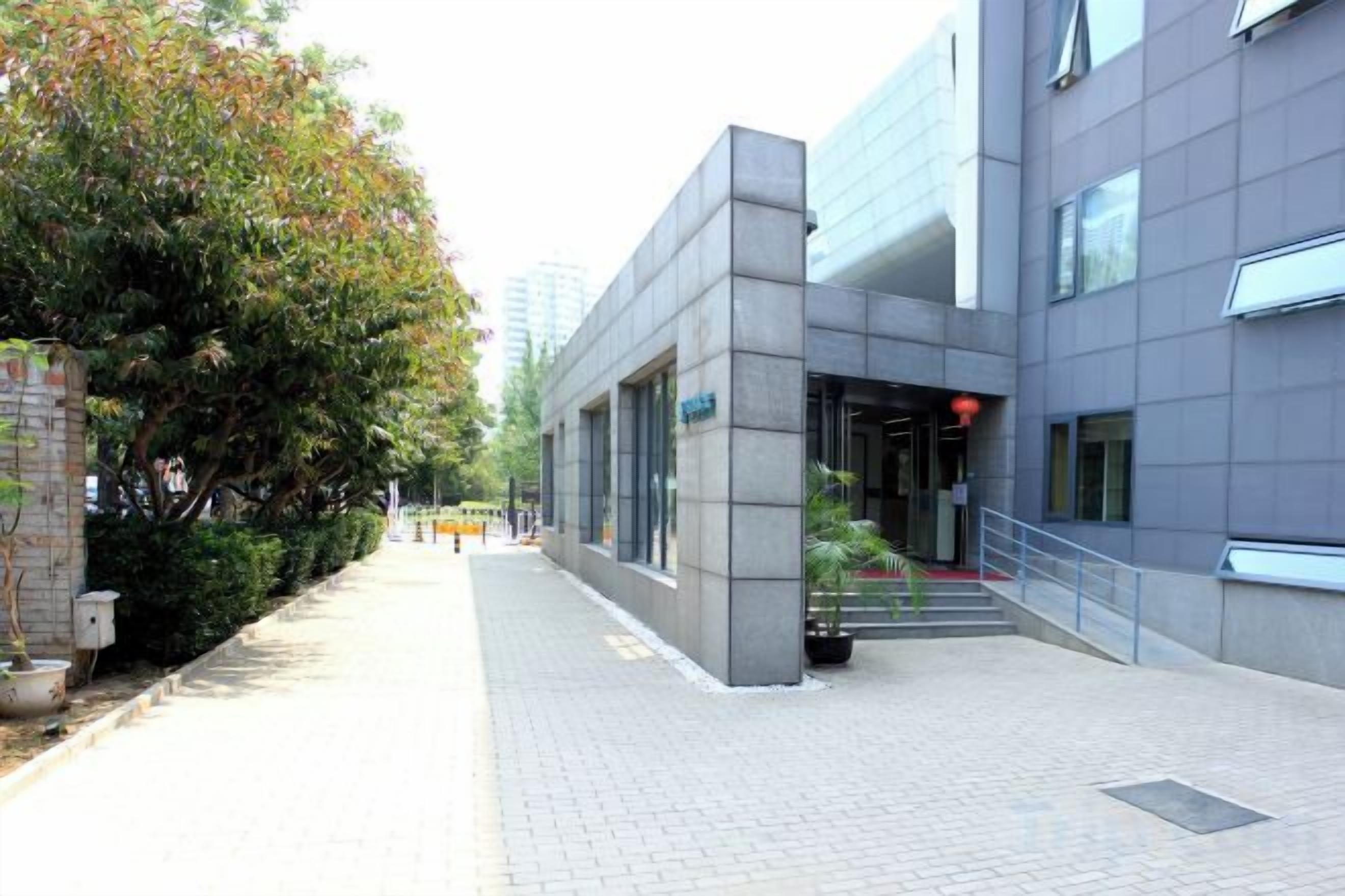 Un edificio moderno con un camino empedrado, una escalera y un árbol grande.