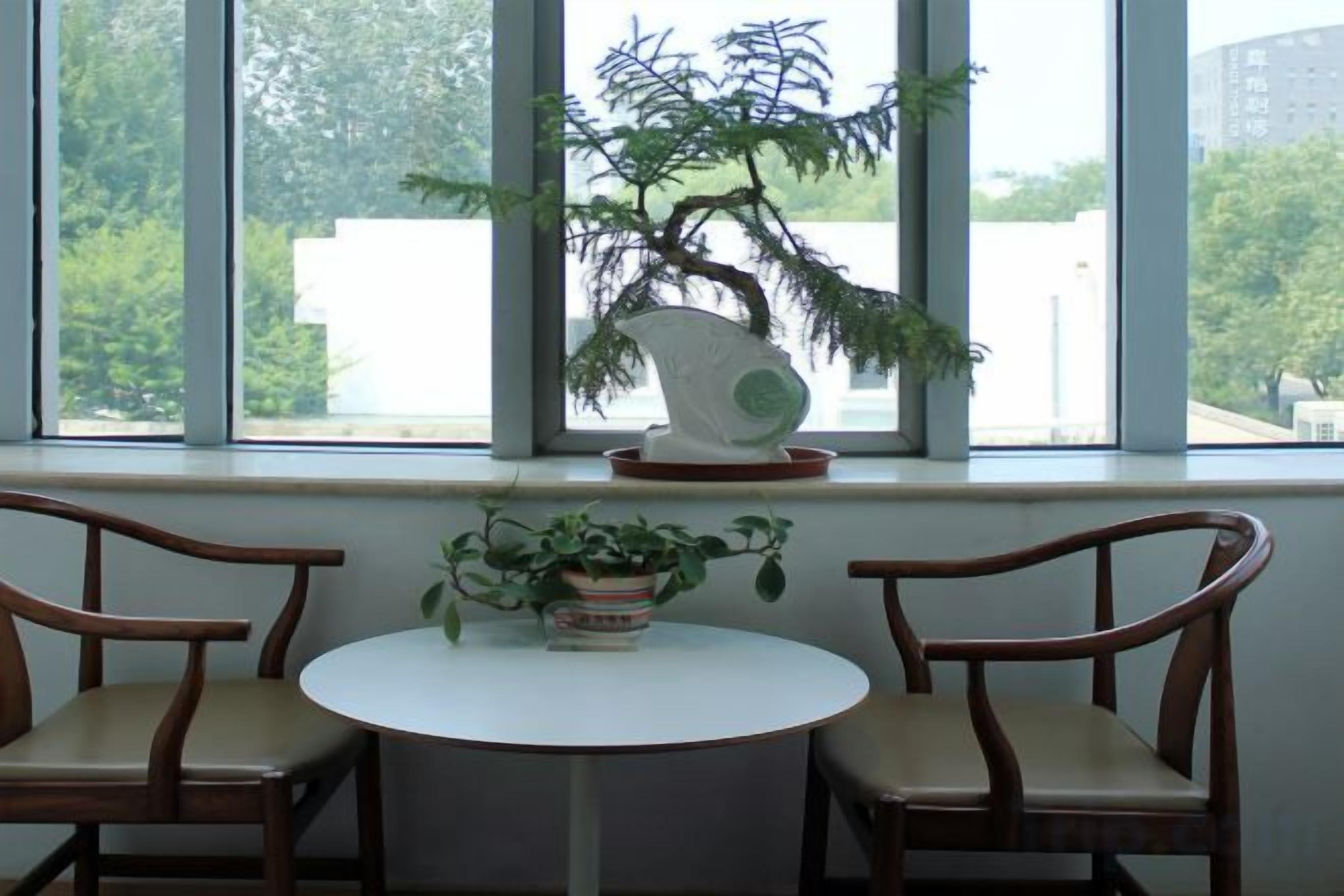 A room with a round table and two chairs, a potted plant on the windowsill, and a view of trees and buildings outside.