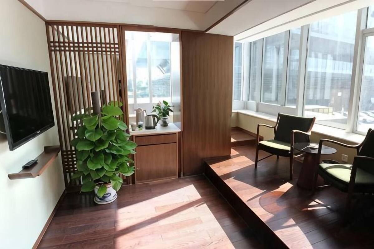 A modern room with a TV, a potted plant, a small table, and chairs near a large window.