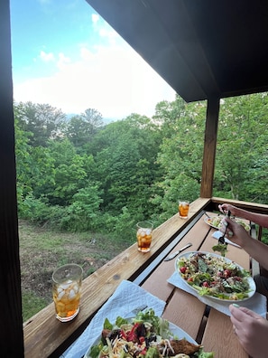 Outdoor dining - Secluded Blue Ridge-Ocoee cabin, FULL porch, fireplace, pool table, pet friendly (Murphy)