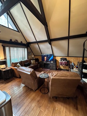 智能电视、壁炉、DVD 播放器、书