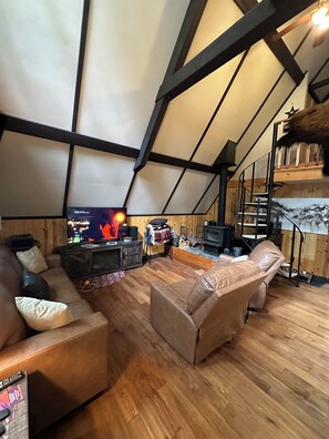 Smart TV, chimenea, reproductor de DVD y libros 