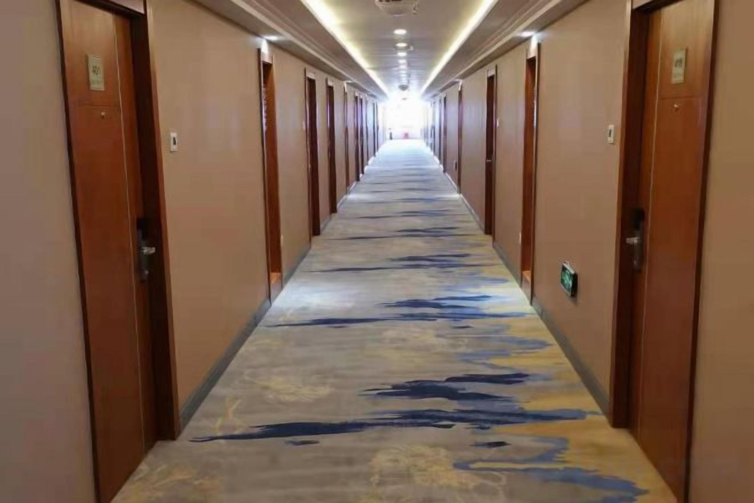 A hotel corridor with doors on both sides, a patterned carpet, and a light source at the end.
