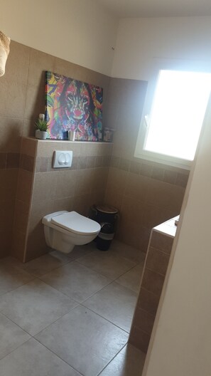 Douche, sèche-cheveux, serviettes fournies, savon