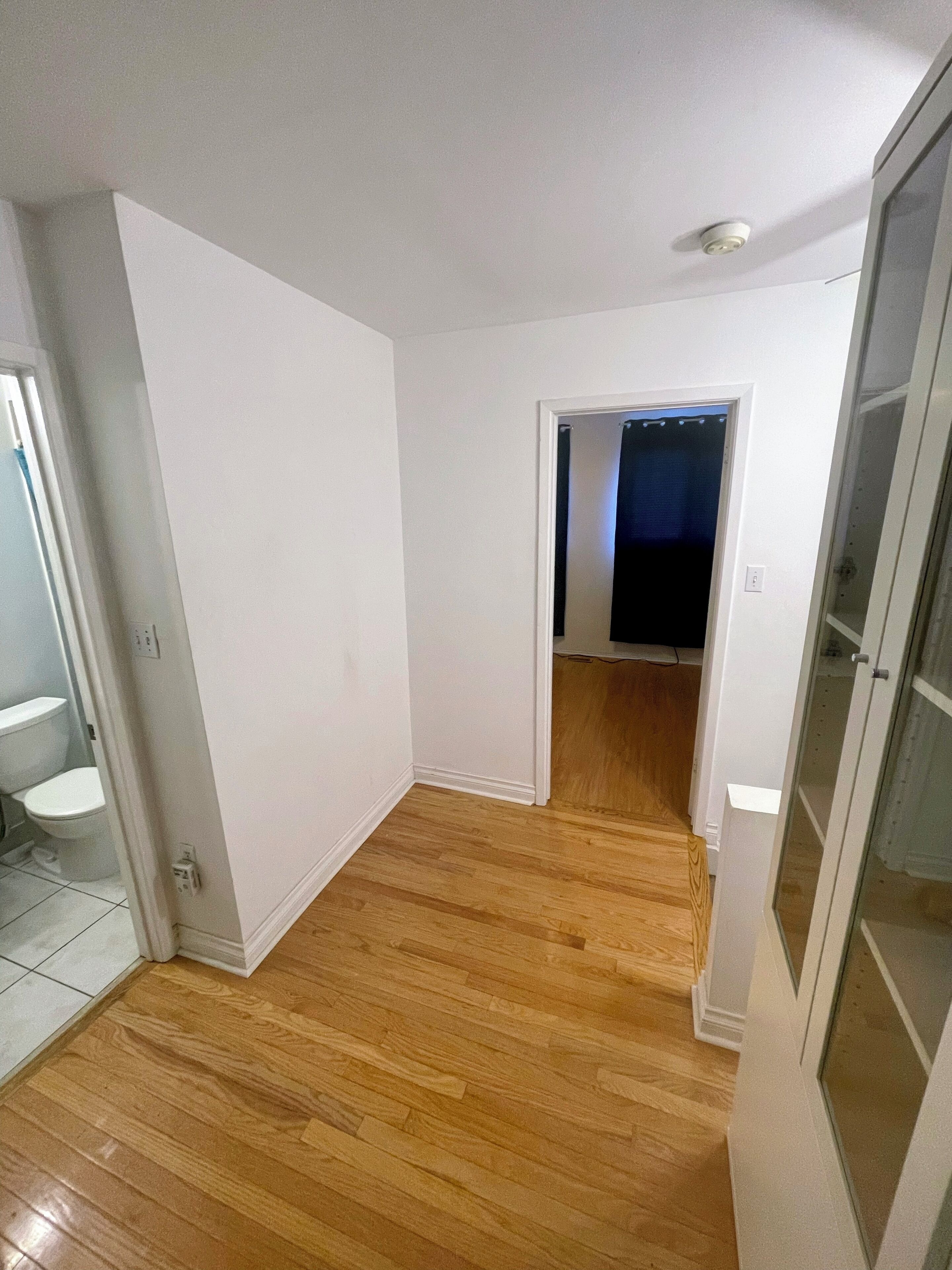 A room with wooden flooring, white walls, a visible toilet, and a door leading to another room.