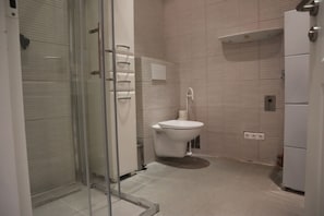 Ein Badezimmer mit Duschkabine aus Glas, Toilette und weißem Waschbecken.
