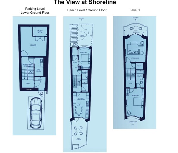 Three floor plans of a building with parking on the lower ground floor, a beach-level ground floor with a garden, and a first-level layout including a balcony and garden view.