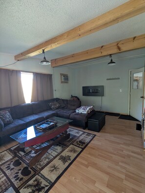 Älytelevisio, takka, DVD-soitin, kirjoja