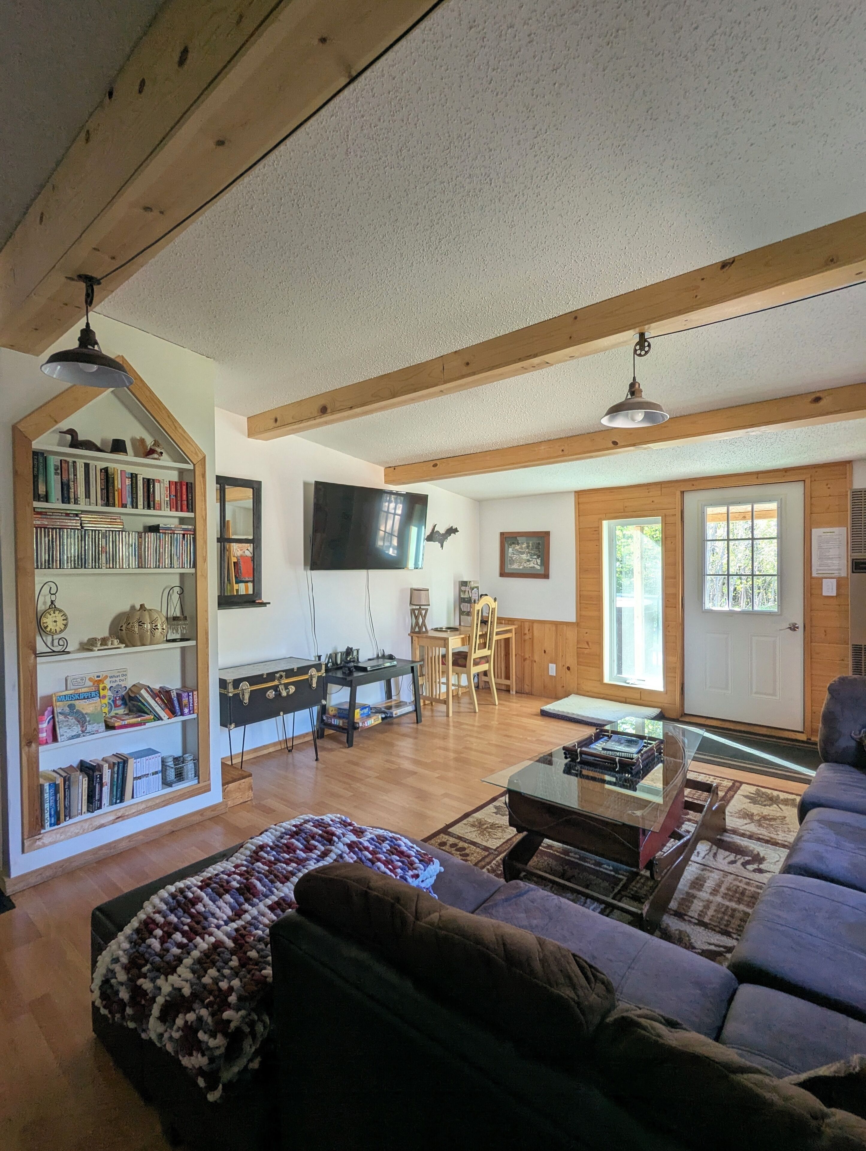 Älytelevisio, takka, DVD-soitin, kirjoja