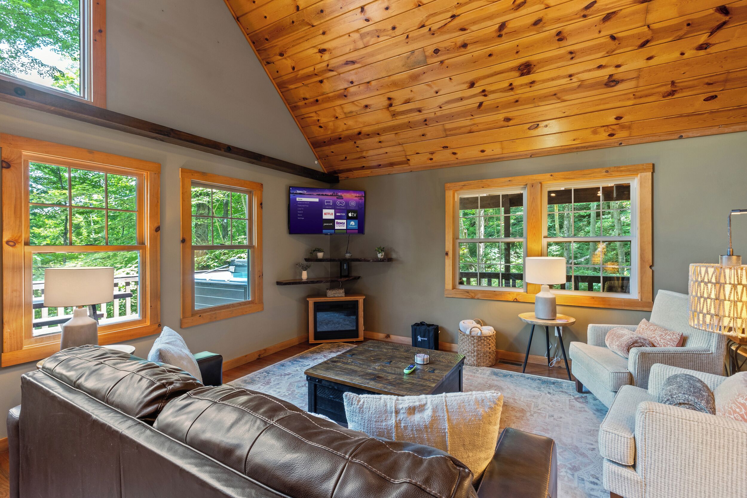 Smart TV, fireplace, table football, books