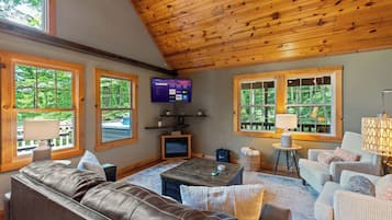 Smart TV, fireplace, table football, books