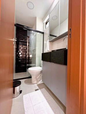 Hair dryer, towels, toilet paper