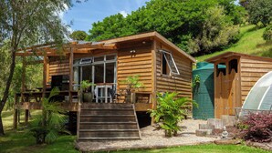 A wooden cabin with a porch, a small garden, and a greenhouse.