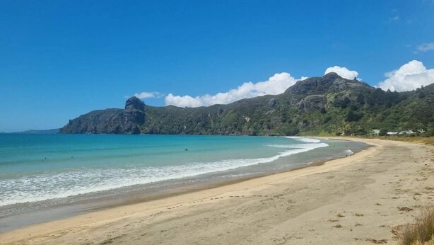 A beach with a clear sky, a sandy shore, and a mountain in the background.