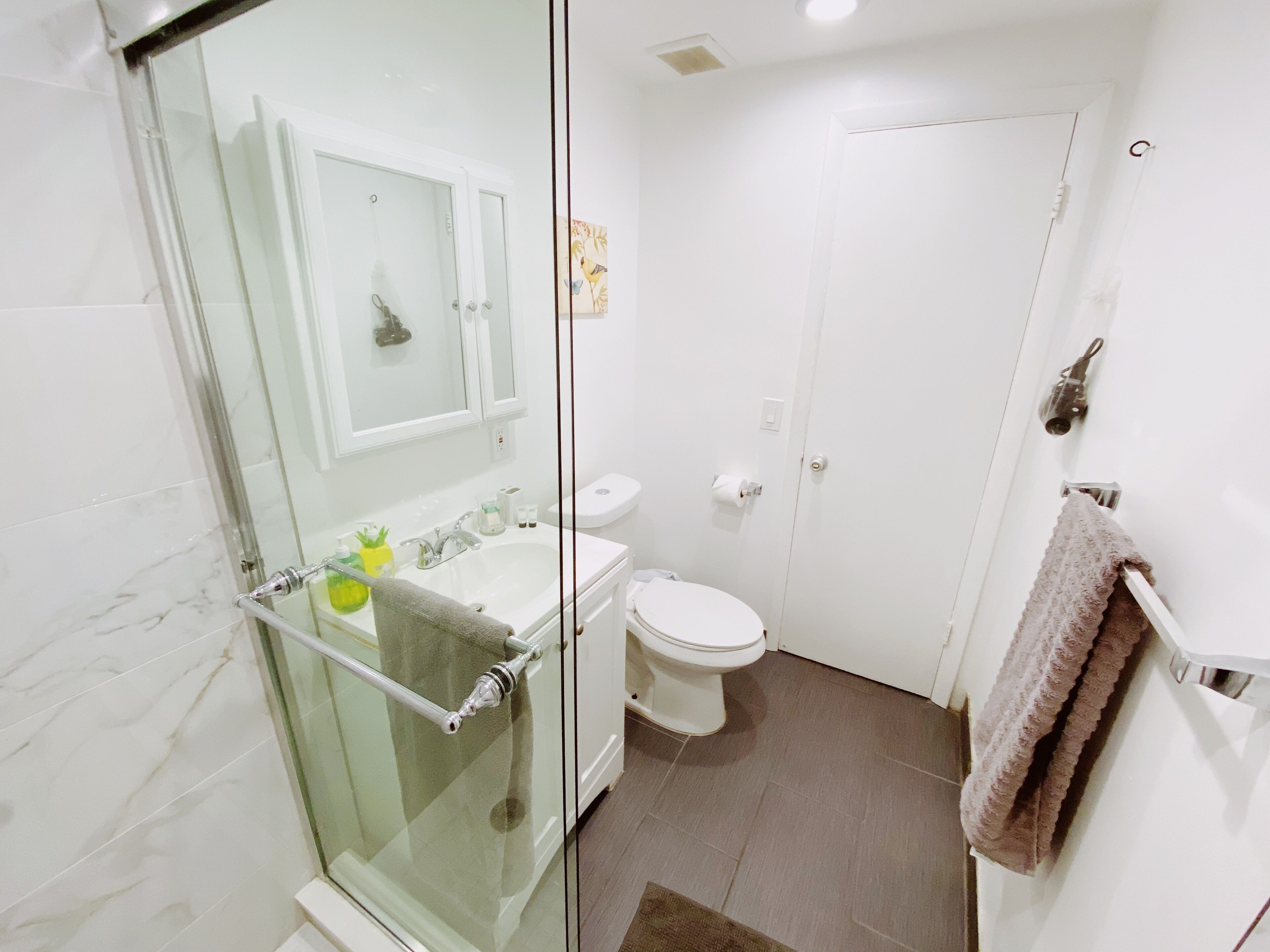 Ducha, secador de pelo y toallas