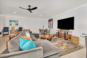 Smart TV, fireplace, video games, foosball
