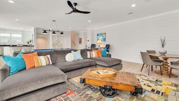 Smart TV, fireplace, video games, foosball