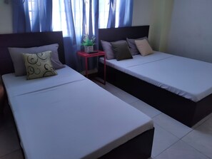 Two single beds with headboards, a small red nightstand with a plant, and a window with blue curtains.