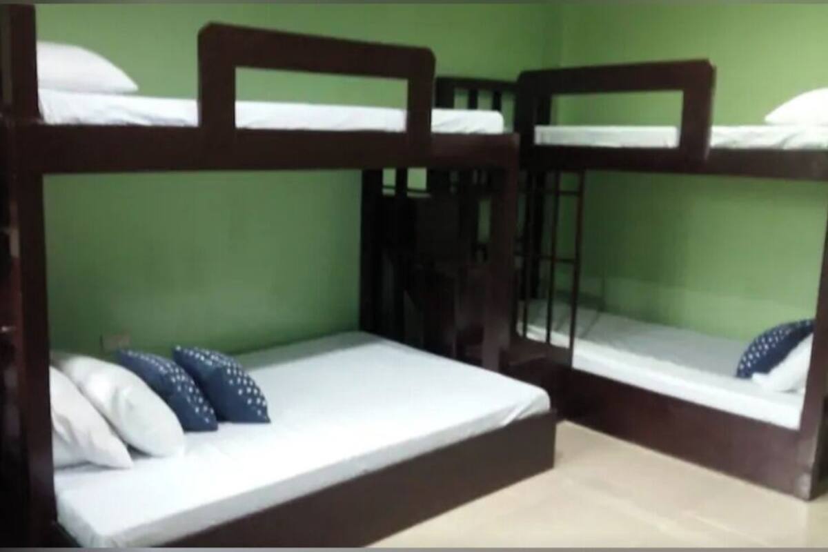 Ein Schlafzimmer mit Etagenbetten, grünen Wänden und Holzmöbeln.