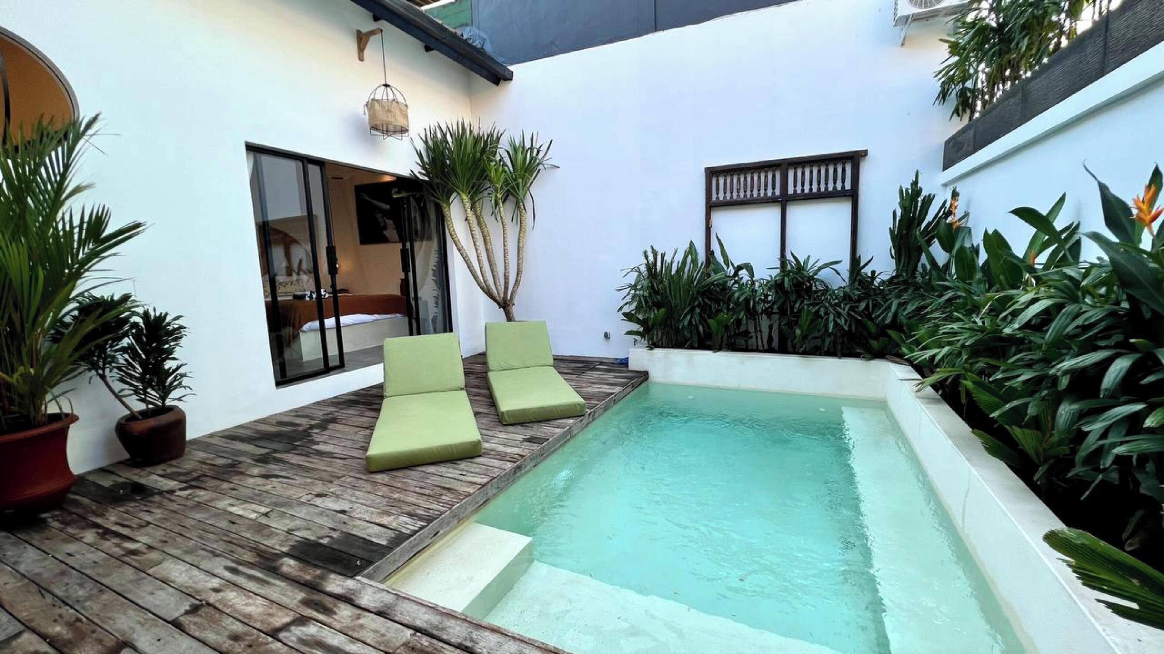 Ein Poolbereich mit zwei grünen Liegestühlen, einer Holzterrasse und verschiedenen Kübelpflanzen.