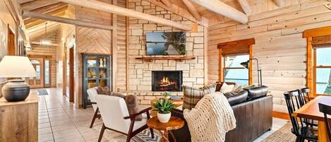 TV, fireplace, books, offices