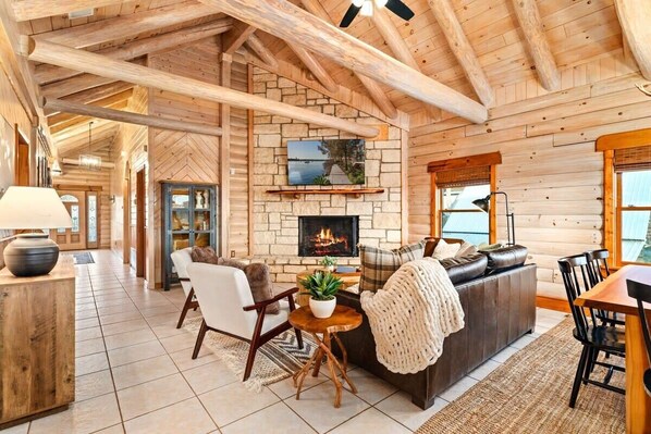 TV, fireplace, books, offices