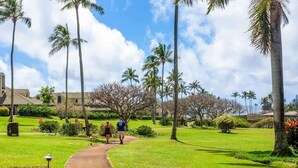 A pathway leading through a well-maintained garden with palm trees and a building in the background. - Kahala 413 – Ground-Floor Deluxe 1BR Condo (Koloa)